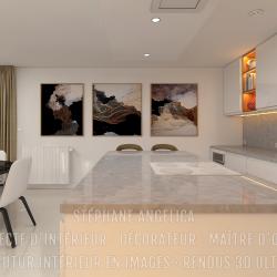 CUISINE ÉQUIPÉE SUR-MESURE AVEC ÎLOT CENTRAL : APPARTEMENT VEFA EN RENDUS 3D ULTRA HD